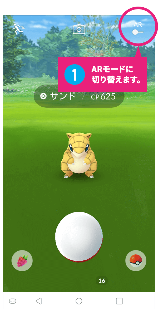 1.『ポケモン GO』でポケモンを捕獲する際、右上に表示される｢AR｣のボタンをタップしてARモードに切り替え