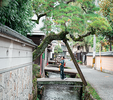 白壁土蔵群 川 倉吉白壁土蔵群は江戸、明治、大正、昭和の建造物が多く残る、国の重要伝統的建造物群保存地区に選定。玉川沿いの白壁と赤い石州瓦の蔵が独特な景観を創り出す風情のある町並みです。蔵や町家はショップやカフェ、工房などさまざまなかたちで利用され、レトロな魅力を感じることができます。伝統工芸「倉吉絣」の着物をまとい白壁土蔵群の町並みを歩いてみませんか!鳥取県倉吉市新町1丁目、東仲町、魚町、研屋町周辺