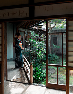 豊田家住宅 縁側 かつて呉服屋を営んでいた商家の住宅。切妻造り、桟瓦葺き、平入、木造2階建で、倉吉の伝統的な町屋形式を保持した主屋は1900年に建築。また、主屋と渡り廊下で接続する離れは1930年に増築されており、昭和初期の熟達した和風の造形を残しています。いずれも国登録有形文化財に登録。定休日(毎週木曜日)を除き、毎日、倉吉にまつわる歴史講談を聞くことができます。鳥取県倉吉市西町2701