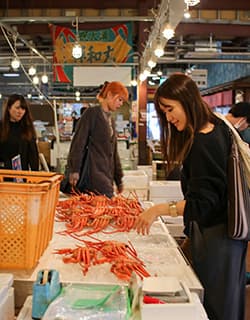 鳥取港海鮮市場かろいち かに 市場 日本海の豊かな海の幸が水揚げされる賀露(かろ)港のすぐ隣。市場内には12の店舗が並び、水揚げされた新鮮な魚介類をはじめ、鳥取ならではの食品、お土産など多彩にそろいます。新鮮な海鮮料理がリーズナブルに楽しめる市場料理の店やとうふちくわの専門店など飲食店も充実。地元産の野菜や果物などが販売されている地場産プラザ『わったいな』も隣接し、鳥取の食の台所とよばれています。鳥取県鳥取市賀露町西