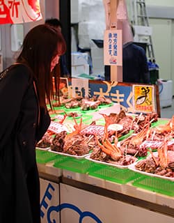HATONOVAハトノバ 市場の様子 かに 境港ならではの「おいしい!」がギュッと詰まった、食べて・買って・遊んで・学べる複合施設。『直売街 三光(さんこう)⽔産』には、旬の新鮮な海鮮がずらり。購入した魚介類は、店内にある「浜焼きひろば」ですぐに焼いて食べることができます。このほか、地元の漁師飯が食べられる店や回転寿司店も見逃せない!⿃取県境港市相生町